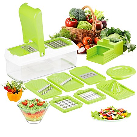 9 in 1 Compact Mandoline Food Slicer - Slices and Shreds Fruits and Vegetables Thinly, Uniformly and Quickly ,Food Container, Safety Food Holder, All-in-One Vegetable Cutter& Julienne Slicer Vegetable Slicer, Fruit and Cheese Cutter & Grater for Slicing, Dicing, Grating, Chopping, Cutting and Peeling - By Duomishu