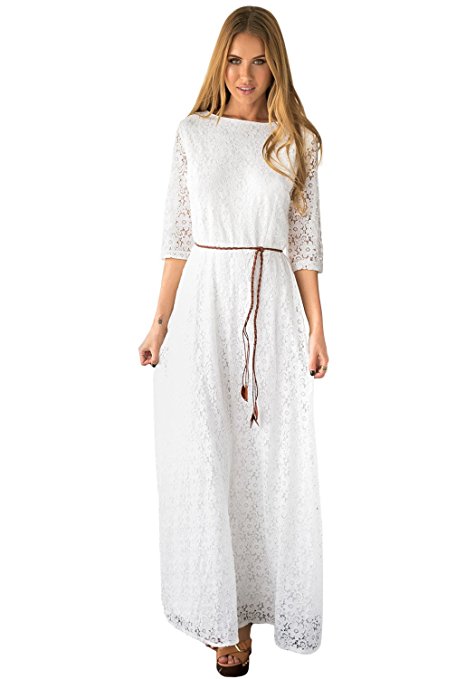 LookbookStore Women's White 3/4 Sleeve Wedding Plus Size Lace Maxi Dress US2-18