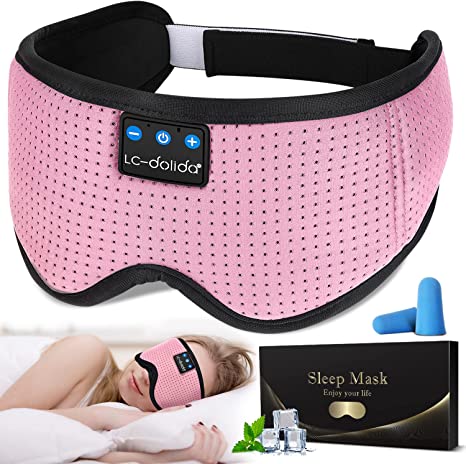 Sleep Headphones LC-dolida Bluetooth Sleep Mask Headphones for Sleeping Ice Silk Sleep Mask for Women w/Thin Stereo Speakers Long Time Playing Music Headset Sleeping Headphones for Side Sleepers