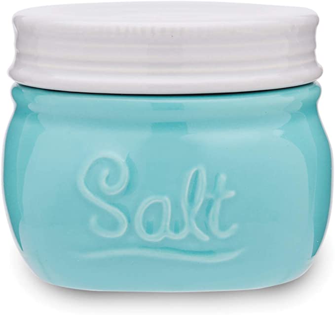 Fox Run 48811 Vintage Style Mason Jar Salt Cellar, Blue Ceramic with White Lid, 1 Cup Capacity