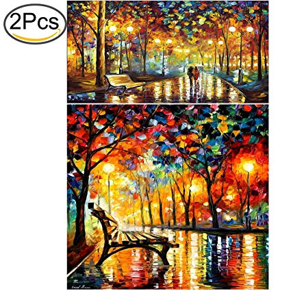 Standie 2 Pack 5D DIY Diamond Painting Set 5D Full Drill Embroidery Rhinestone Painting Kit 5D Decorating Wall Stickers for Living Room (50 x 42cm Rainy Night & 40 x 30cm Walking in The Rainy Night)