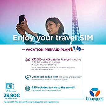 Europe France SIM Card 30 Days 20 GB 4G LTE Data, Unlimited Talk, Text  25 Euro International Calling Credit - Activate in France Required Before Service Available in Other Europe Countries