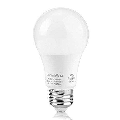 A19 LED Bulb, LuminWiz 9W 4000K 700lm UL-Listed LED Light Bulbs 60W Equivalent, E26 Base,Energy Star,Daylight White