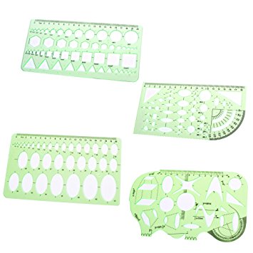 BCP Set of 4 Clear Green Color Plastic Measuring Templates Geometric Rulers for Office and School