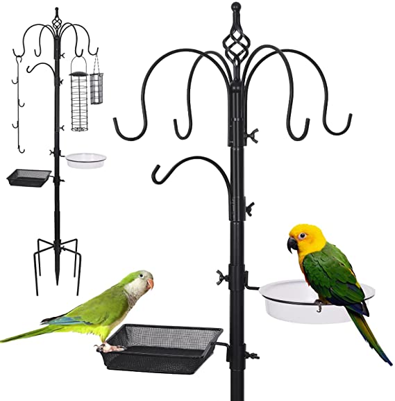 Petbank Bird Feeding Station, Bird Feeder pole 75 Inch Bird Feeder Stand with 7 Hooks, 2 Bird Feeders, Mesh Food Tray & Water Bow, 5-Prong Base for Outdoors Attracting Birds, Black