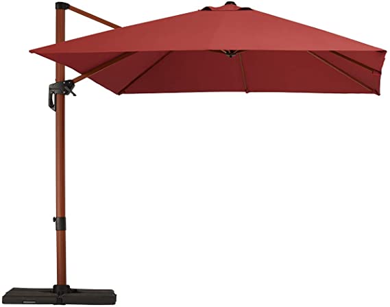 PAPAJET Patio Umbrella Outdoor Square Umbrella Offset Cantilever Umbrella 10x10ft Hanging Wood Grain Umbrella with Easy Tilt & Cross Base for Garden Backyard Deck Pool, Red