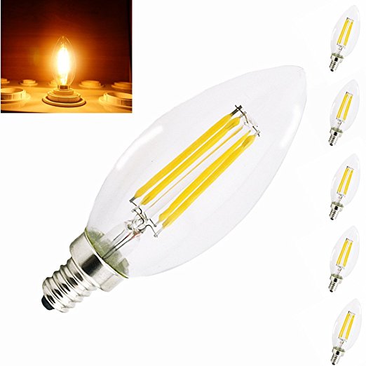 Bonlux 4 Watt LED C35 E12 Filament Candle Light Bulbs - 40 Watt Incandescent Replacement Bulb, E12 Screw Base LED Glass Cover Chandelier Crystal Light, Torpedo Shape Chandelier Bulbs (5, Warm White)