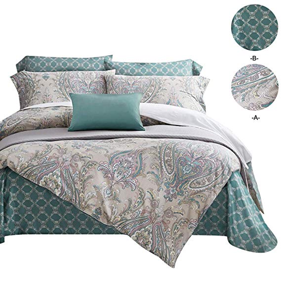 mixinni Elegant Beige Grey Paisley Pattern Duvet Cover 100% Natural Cotton Pinkish Pattern Bedding Green Duvet Cover Set for Her and Him with Zipper Closure 4 Corner Ties (3pcs, Queen/Full Size)