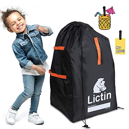 Lictin Car Seat Travel Bag, Safety & Durable Gate Check Bag for Air Travel Baby Seat Protection Bag with 2 Cute Luggage Tags，Folding Storage Luggage Bag for Baby Car Seat