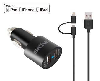 Apple MFi Certified iPhone Car Charger - Skiva 21W 42Amp Dual USB Rapid Car Charger with 32ft 8-pin LightningmicroUSB 2-in-1 Cable for iPhone 6s 6 plus 5s iPad Air mini Pro Samsung S6 Edge and more