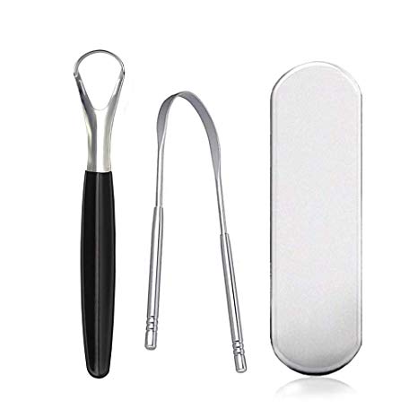 Tongue Scraper Cleaner 2 Pack Stainless Steel Tongue Cleaner Professional Eliminate Bad Breath with Tongue Sweeper - 2 Different Tongue Scrapers with Carry Case for Oral Care
