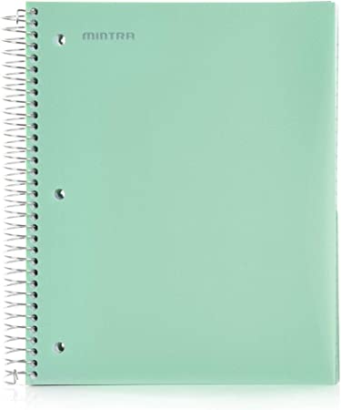 Mintra Office Durable Spiral Notebooks, 5 Subject, (Sage Green, College Ruled 1pk) - 200 Sheets, 5 Poly Pockets, School, Office, Business