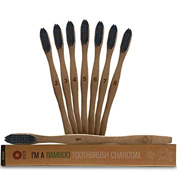 Bamboo Charcoal Toothbrush Medium Bristles - 8 Pack Wooden Toothbrushes, Eco Friendly, Recyclable, BPA Free, Biodegradable Vegan Friendly, Organic Natural Tooth Brush