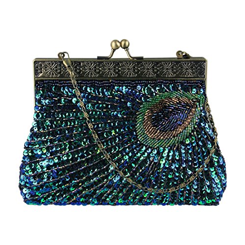 ECOSUSI Vintage Clutch Teal Peacock Unusual Antique Beaded Sequin Evening Handbag Sunburst Navy and Turquoise Eye Catching Purse