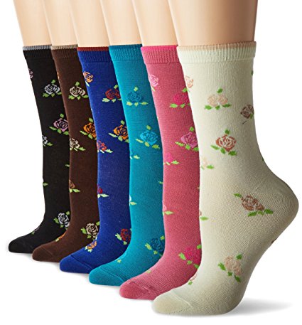 TeeHee Women's Ladies Value 6-Pack Crew Socks, Argyle, Nordic, Stripe, Flower