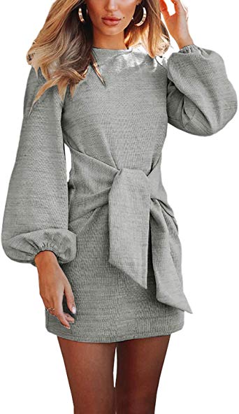 R.Vivimos Women's Autumn Winter Cotton Long Sleeves Elegant Knitted Bodycon Tie Waist Sweater Pencil Dress