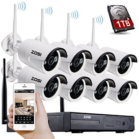 ZOSI 8CH 960P HD WI-FI NVR Security Wireless Network System With 720P 1.0MP Night Vision IP Surveillance Camera Kit CCTV Security System with 1TB Hard Disk & Smartphone Scan QR Code Quick View