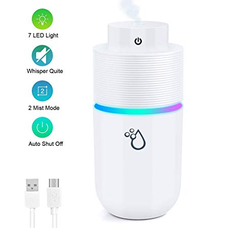 OVPPH Portable Humidifier, Mini USB Personal Humidifier Ultrasonic  Cool Mist Humidifier with 7 Colors Light for Home Travel Office Car, Auto Timer Shut-Off, Quiet Operation (White)
