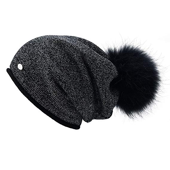SOMALER Womens Beanie Hats for Winter Wool Warm Cap Real Fur Pom Pom Knit Beanie Caps