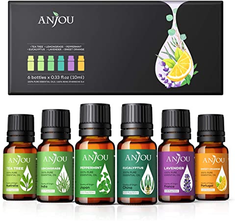 Anjou Essential Oils Gift Set for Diffuser Humidifier, 2020 New Upgraded 100% Pure Therapeutic Grade Oils, Pepermint, Lavender, Tea Tree, Eucalyptus, Lemongrass, Sweet Orange, 6*10ml