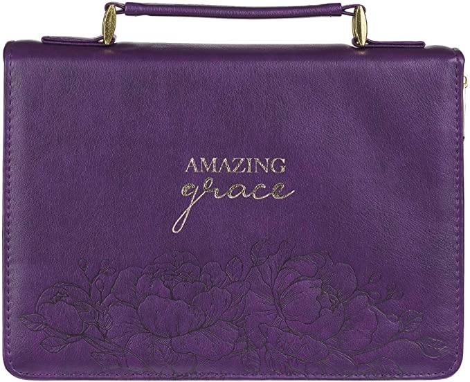 Christian Art Gifts Women's Fashion Bible Cover Amazing Grace, Purple/Gold Floral Faux Leather, Large