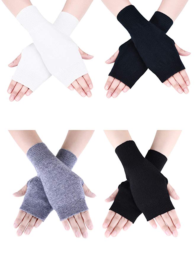 Tatuo 4 Pairs Cashmere Feel Fingerless Gloves with Thumb Hole Warm Gloves for Women and Men