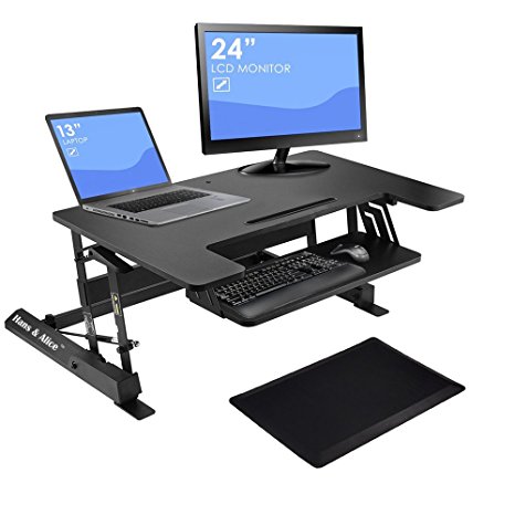 Hans & Alice 36'' Height Adjustable Stand Up Desk Standing Desk Riser, Sit Stand Desk Converter with Keyboard Tray and Anti-fatigue Comfort Mat