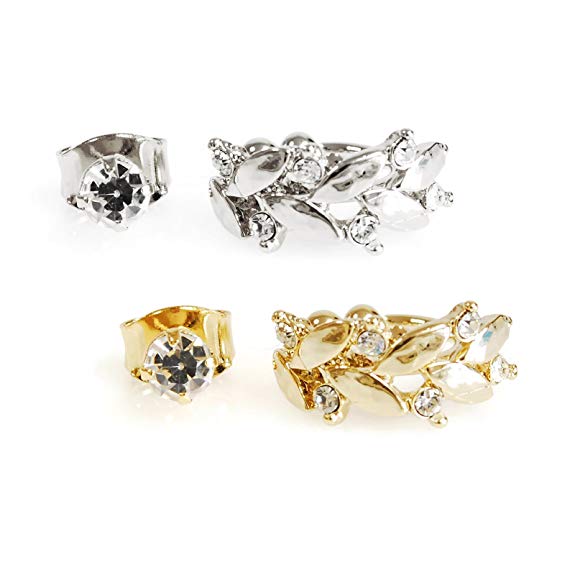 2 Pairs Gold Silver Carved Leaf Crystal Non Piercing Ear Cuff and Cubic Stud Earring Set