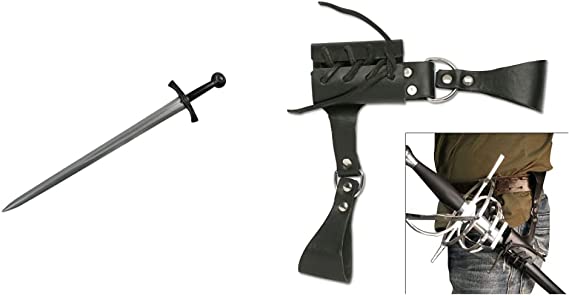 Hero's Edge G-JS101 Foam Excalibur Sword, 28" & BladesUSA – Universal Leather Sword Frog – Steel Hardware, Adjustable Lacing for Proper Fit, Designed to Fit a Wide Variety of Swords and Scabbards