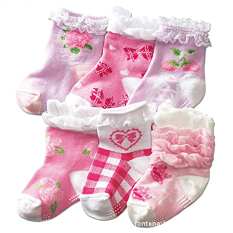 Toptim Baby Non-skid Baby Girl Socks, 6 Pairs , Infants to Toddlers