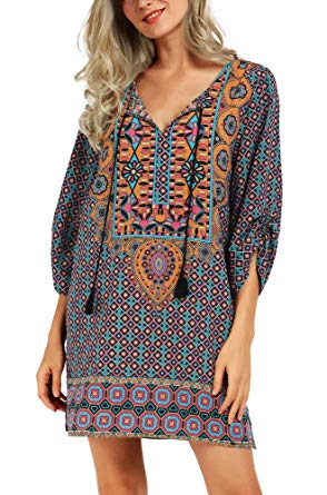 Women Bohemian Neck Tie Vintage Printed Ethnic Style Summer Shift Dress