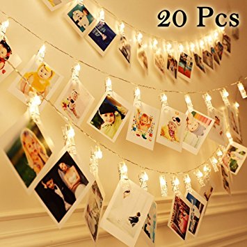 20 LED Warm White Photo Clips String Lights - Battery Powered Hanging Photo String Display String for Picture, Cards, Artwork, Home Decor Display