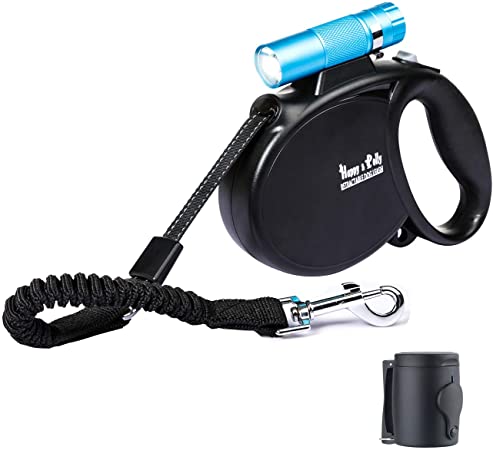 Happy & Polly Dog Leash Retractable Dog Leash 16.4 ft with Flashlight Detachable/Protective Bungee Leash/Magic Box Dispenser Poop Bags for Small Medium Dogs, Blue