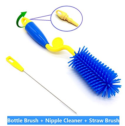 Silicone Bottle Brush, ArtiGifts Baby Bottle Cleaning Brush with Nipple Cleaner & Straw Brush, 360° Rotating Long Handle, Perfect for Feeding Bottle, Water Bottle, Mug, Cup, Jar - Yellow