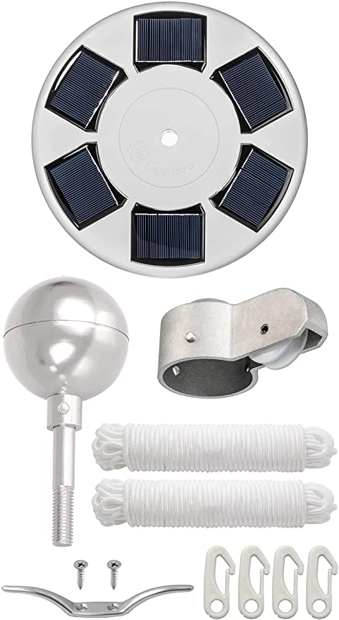 Deneve Silver Flagpole Parts Kit (No Pole or Flag) Includes: Standard Solar Flag Light | 3" Silver Topper Ball | Pulley Truck | 2 x 50 ft. Ropes | 4 Flag Clips | 4" Cleat Hook