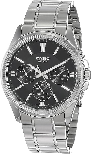 Casio #MTP1375D-1AV Men's Metal Band Fluted Bezel Multifunction Black Dial Watch