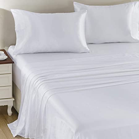 CozyLux Satin Sheets Full Size 4-Pieces Silky Sheets Microfiber White Bed Sheet Set with 1 Deep Pocket Fitted Sheet, 1 Flat Sheet and 2 Pillowcases, Smooth and Soft