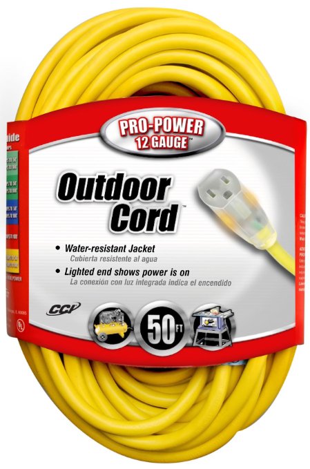 Coleman Cable 02588 12/3 Vinyl Outdoor Extension Cord with Lighted End, 50-Foot