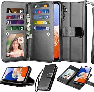 NJJEX Galaxy A14 5G Case, for Samsung Galaxy A14 5G Wallet Case, [9 Card Slots] PU Leather ID Credit Holder Folio Flip [Detachable] Kickstand Magnetic Phone Cover & Lanyard for Samsung A14 [Black]