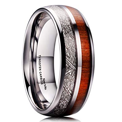 King Will Meteor 8mm Mens Tungsten Carbide Wedding Ring Imitated Meteorite Koa Wood Inlay Comfort Fit