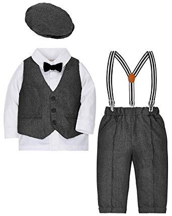 ZOEREA Baby Boy Suit Outfits Set,3pcs Long Sleeves Gentleman Romper Jumpsuit & Vest Coat & Berets Hat with Bow Tie