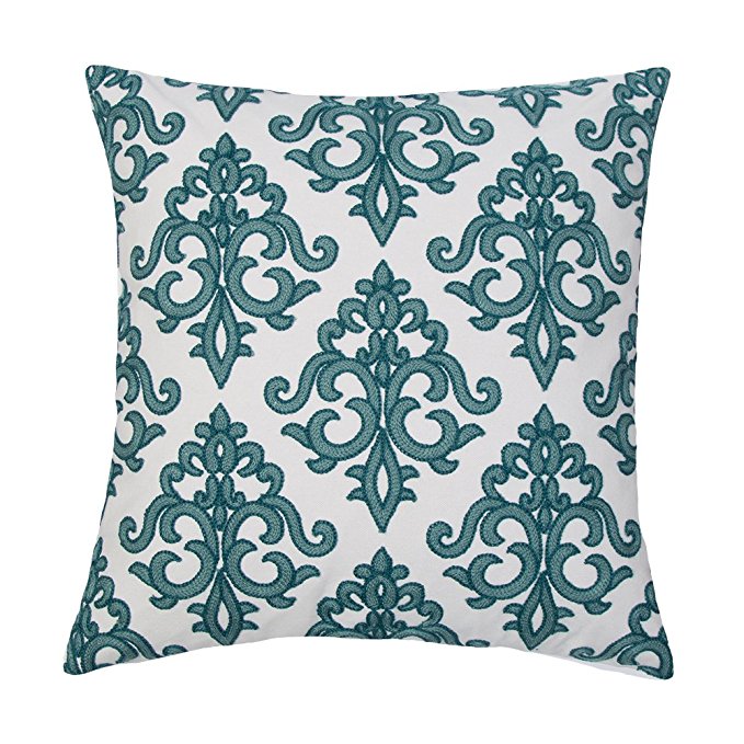 SLOW COW Cotton Embroidery Throw Pillow Cover, Super Soft Invisible Zipper Euro Decorative Cushion Cover for Sofa Bedroom, Teal, 18x18 Inches.