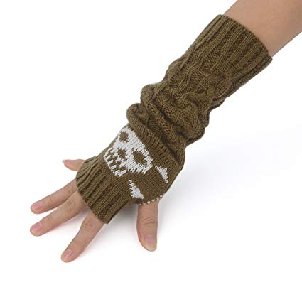 Flammi Women’s Cable Knit Fingerless Gloves Arm Warmers with Crossbones Jacquard Skull Thumbhole Mittens