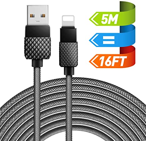 【Upgraded Version】 5M/ 16FT USB Charging Cable, Long USB Charger Cable Braided Fishing Net Charging Cord Fast Charge Compatible for Phone 7/7 Plus/ 6 / 6S/ 6 Plus/ 6S Plus/ 5S/ 5C/ Pad/Pod