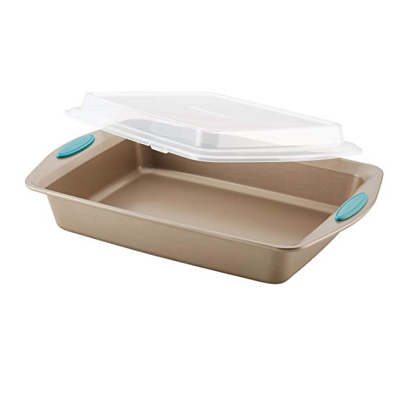 Rachael Ray 47551 Cucina Nonstick Bakeware Steel Cake Pan 9 Inch x 13 Inch Latte Brown w/Agave Blue
