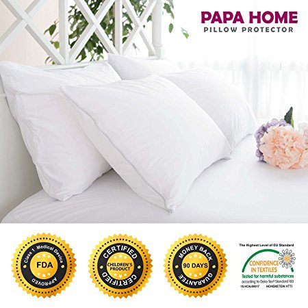 Papahome Hypoallergenic Pillow Protector (Set of 2) - Lab Tested Waterproof - Zippered Cotton Terry Cover - Vinyl Free - 10 Year Warranty  (King)