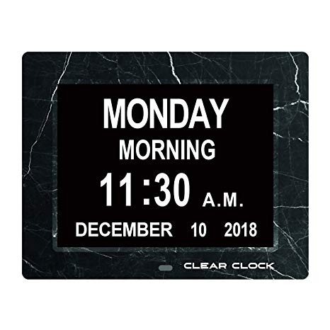 Clear Clock [Newest Version Extra Large Digital Memory Loss Calendar Day Clock with Optional Day Cycle   Alarm Perfect for Seniors   Impaired Vision Dementia Clock (Black Marble)
