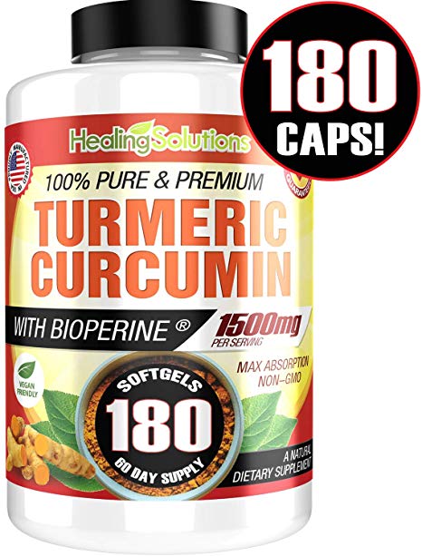 Turmeric Curcumin with Bioperine 1500mg (180 Capsules) Maximum Potency Pain Relief & Joint Support Supplement 95% Standardized Curcuminoids. Non-GMO Tumeric Gluten Free Turmeric with Black Pepper