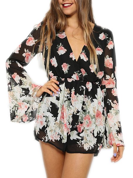 Persun Women Limited Black Floral Print Romper Playsuit With Long Flare Sleeves