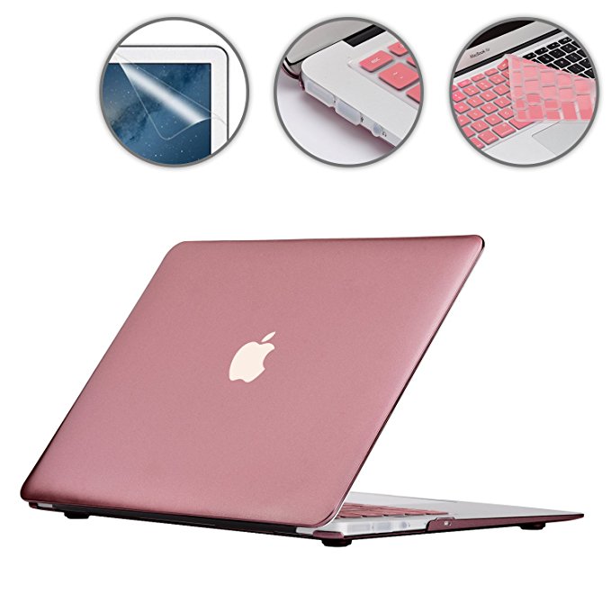 Applefuns(TM) 4IN1 Kit Matte Hard Shell Case   Keyboard Cover   Screen Protector   Dust Plug for Macbook Air 13" (Model:A1369 A1466)- Rose Gold